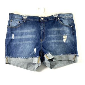 Ellos Jean Shorts Womens Plus 24 Destroyed Blue Denim Cut‎ Offs Stretch Roll Up